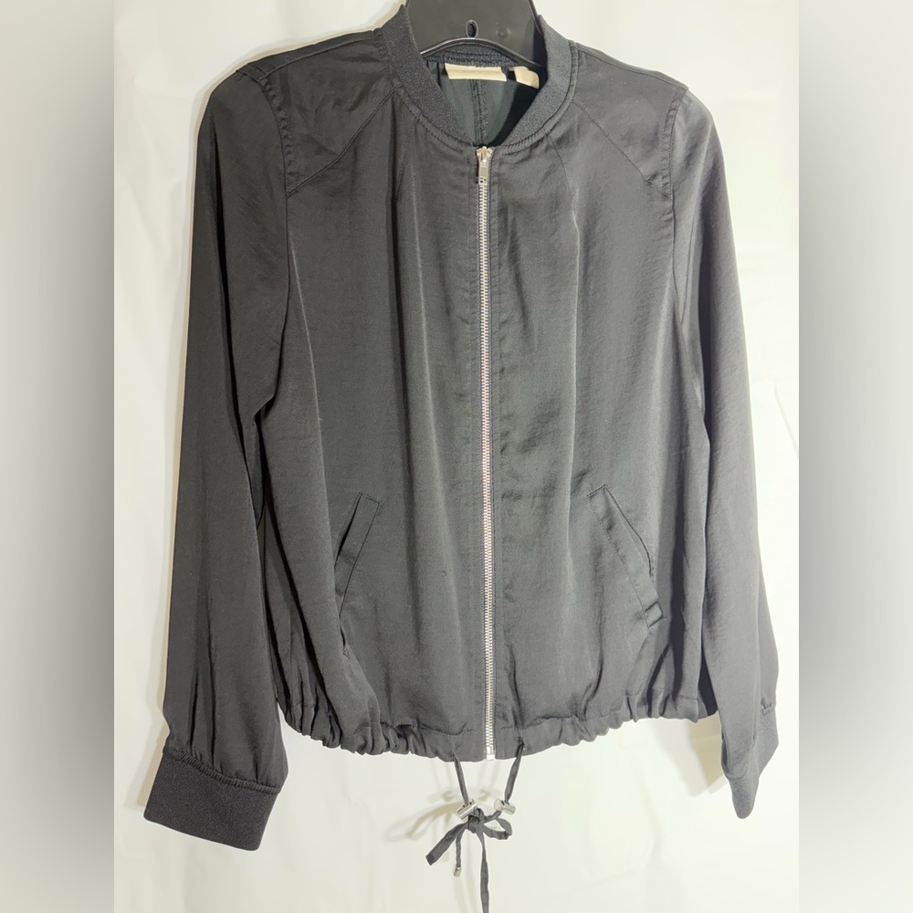 Bomber Jacket Women’s Black Silky Zip Cinch Waist Sz 0 = US Sz 4 Small